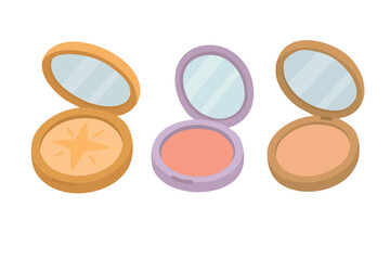 Flat vector illustration of compact makeup palettes with mirrors, stylish cosmetic products for beauty.