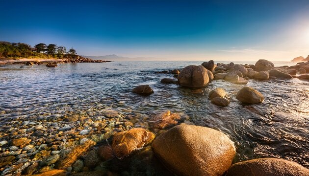 clear water ebbs and flows over a textured rocky surface under the warm sunlight creating a serene coastal environment