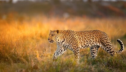 Obraz premium a leopard walking through a grassy field with a blurred background
