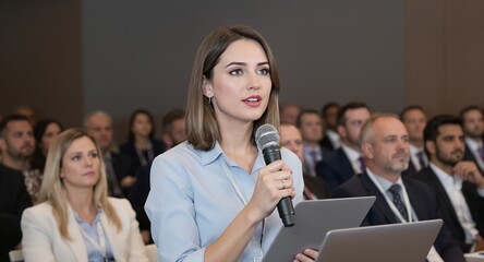 Presentation and Public Speaking Speaker Addressing an Audience with Microphone and Tablet
