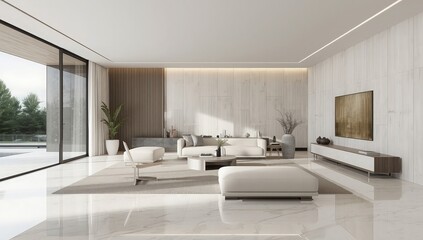 Bright living room with white furniture and large windows showing outdoor greenery and swimming pool