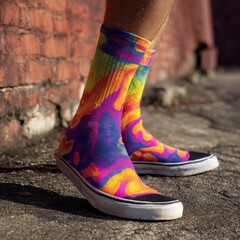 A person is wearing colorful socks and shoes