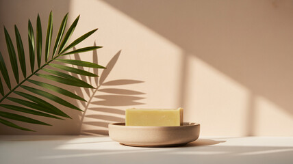 Elegant handmade soap resting on dish with palm leaf shadow creates soothing spa atmosphere.