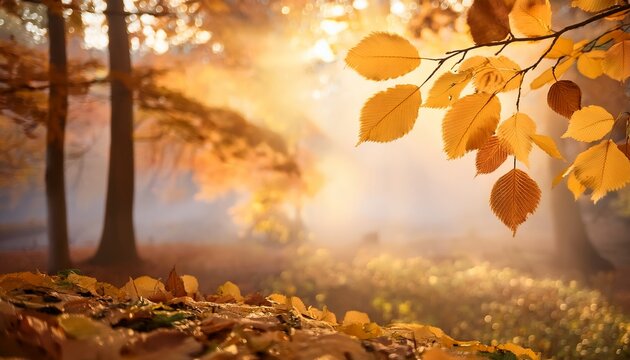 autumn leaves in warm hues gently sway on branches against a soft blurred background of misty trees creating a serene and tranquil atmosphere in nature s embrace