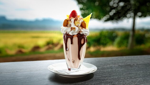 delicious creamy milkshake parfait topped whipped chocolate drizzle indulgence topping fruit sprinkle vanilla strawberry banana fudge candy nut