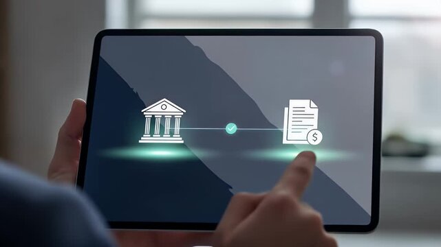 On a tablet, neutral bank and invoice tiles align; a thin line draws between them and a small check appears mid-link, conveying payment confirmation in seconds