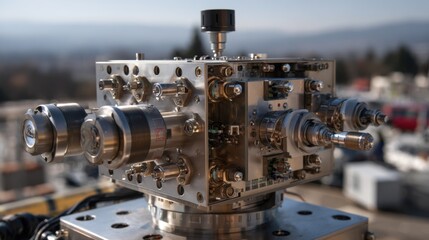 Detailed medium shot of a cuttingedge laser turret engaged in satellite tracking with the turrets intricate components clear and the expansive test range gently out of focus