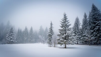 serene winter landscape snow covered field bare trees and evergreens stand tall amidst a misty pale atmosphere