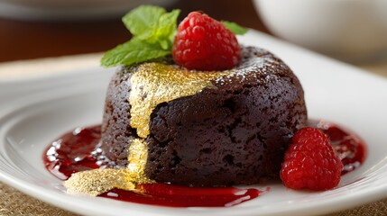 Luxury molten chocolate cake with gold leaf, raspberries, and berry sauce.