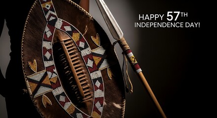 A shield and spear, traditional Papua New Guinean weaponry, are displayed with text celebrating the 57th Independence Day.