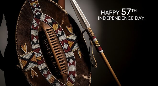 A shield and spear, traditional Papua New Guinean weaponry, are displayed with text celebrating the 57th Independence Day.