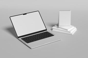 Blank softcover book mockup. Vector illustration isolated on white background. catalogs, brochures, magazines, etc, With Laptop computer mockup. Digital devices screen template and Calendar Blank.