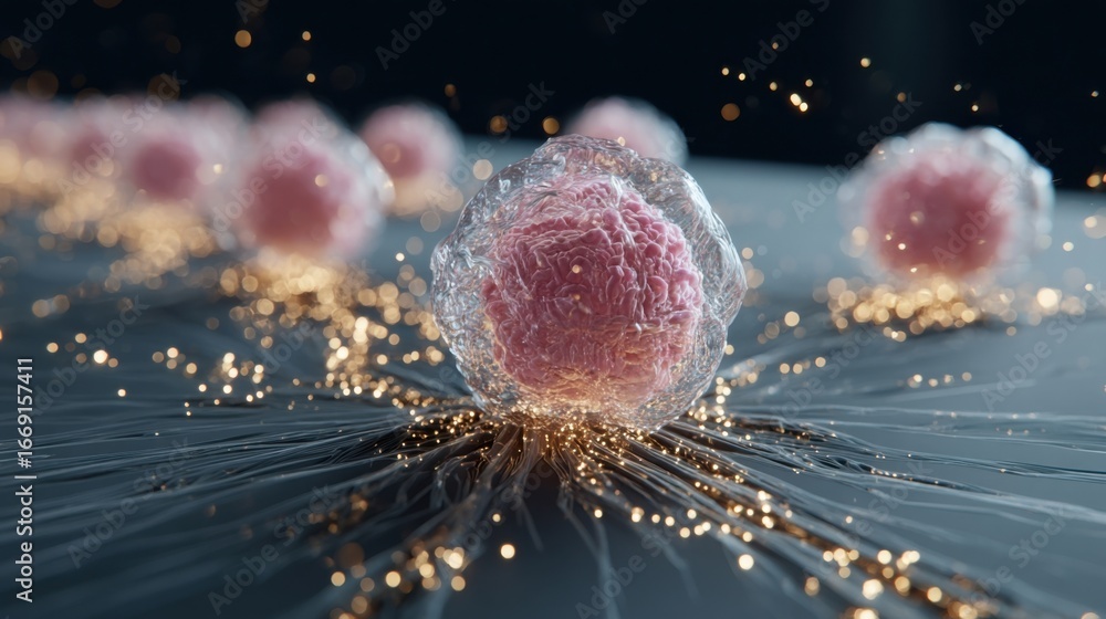 Poster a closeup of organoids cultured within a microfabricated chip highlighting the intricate network of 