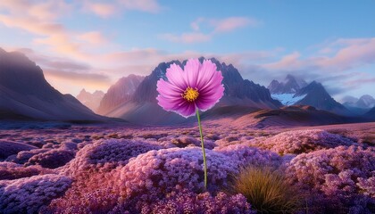 vibrant flower stands out against surreal landscape of oversized blooms and purple grass creating whimsical and dreamy atmosphere rocky mountains in background add depth to this enchanting scene