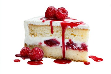 A mouthwatering slice of cake, adorned with fresh raspberries and drizzled with a vibrant red sauce.