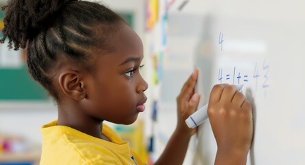 Young Student Focused on a Math Equation on Whiteboard