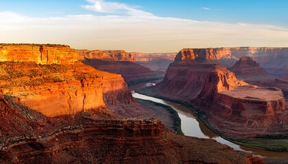 a rugged canyon landscape with steep cliffs and a winding river far below the red and orange hues of the rocks glow in the late afternoon sun casting long shadows across the canyon floor