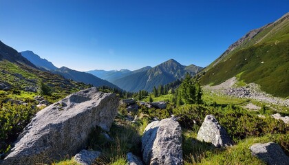 Fototapeta premium majestic mountain landscape with lush greenery and rocky foreground under a clear blue sky