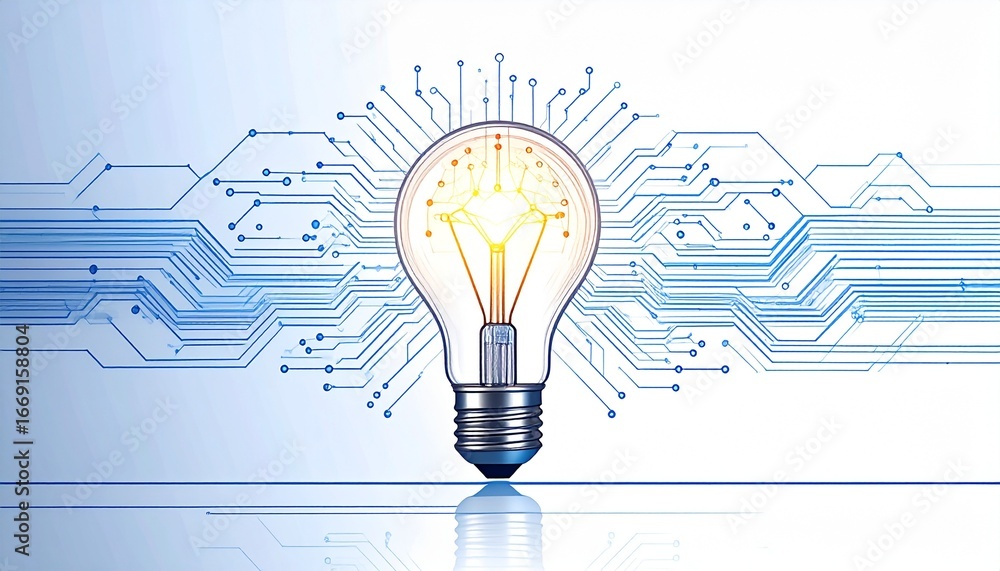 Poster a glowing lightbulb is centrally positioned amidst a network of circuit lines, symbolizing innovatio