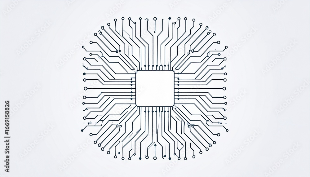 Poster a circular graphic design of circuit board pathways radiating from a central square component, showc