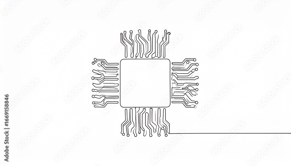 Poster a detailed line drawing of a computer processor chip, showcasing intricate connections and a minimal