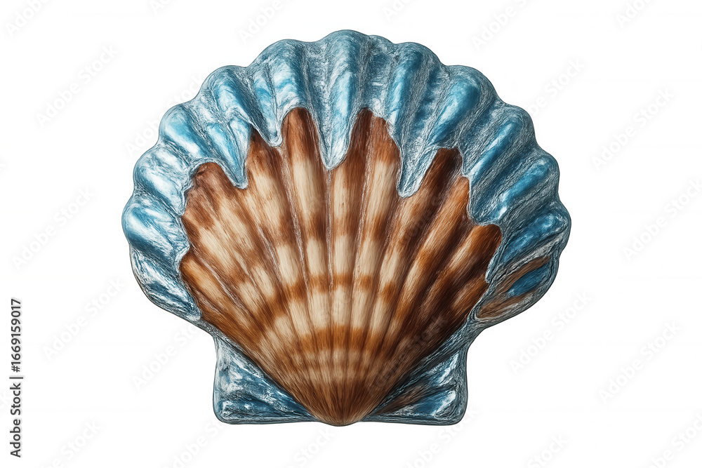 Poster studio shot of a beautiful seashell with a shiny metallic blue edge, isolated on transparent backgro