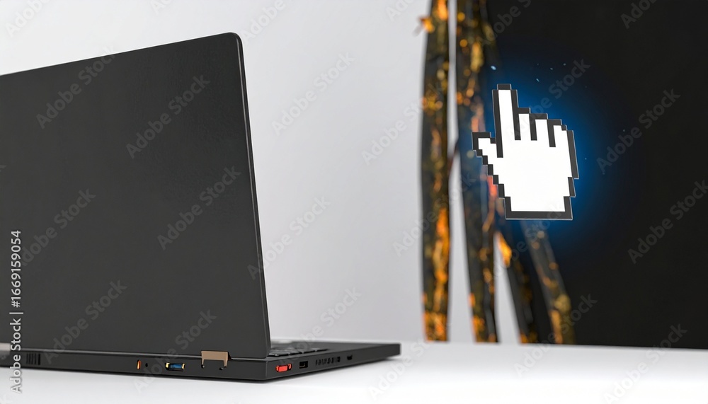 Poster a modern laptop computer displays a pixelated cursor against a backdrop of burnt material, suggestin