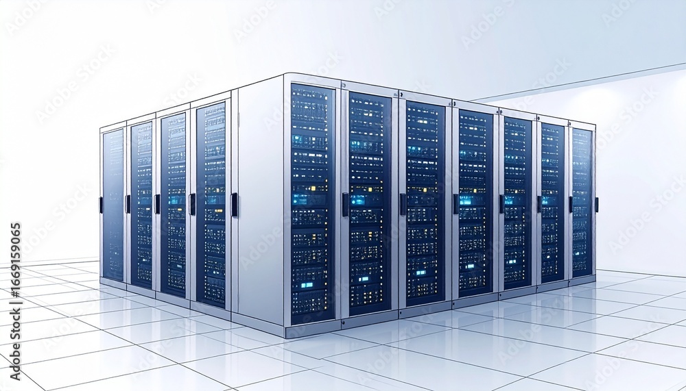 Poster modern server racks stand in a spacious, clean data center, showcasing advanced technology and strea
