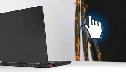 A modern laptop computer displays a pixelated cursor against a backdrop of burnt material, suggesting digital interface in contrast to destruction.