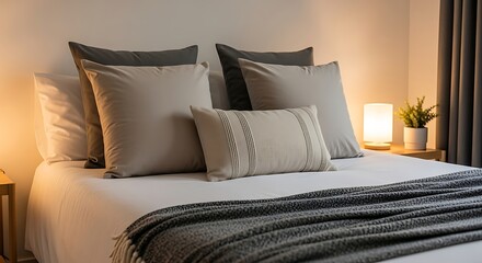 Serene Bedroom Interior: A master bedroom bathed in soft, warm light, featuring a luxuriously made bed with fluffy pillows, a cozy throw, and inviting ambiance.