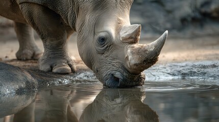 Obraz premium Rhinoceros drinking water at the riverbank.