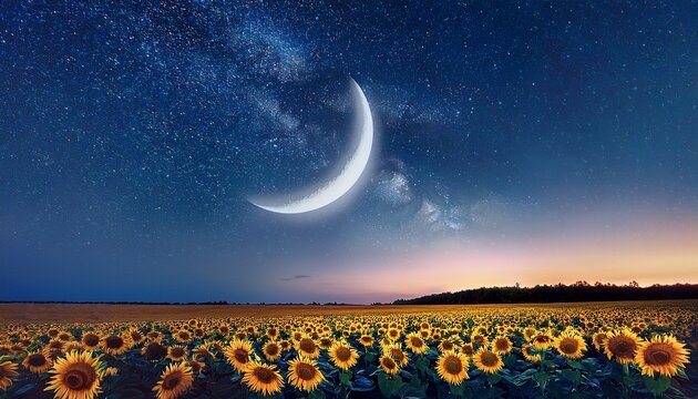 sunflowers at midnight under a crescent moon and starry sky