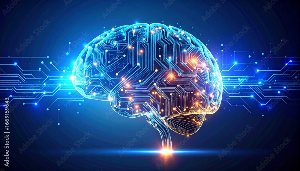 Poster a digital illustration of a human brain overlaid with intricate circuit board patterns, showcasing t