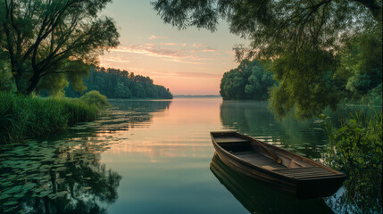 A peaceful morning unfolds on a lake as the sun rises, casting soft hues across the sky. A wooden boat floats gently, surrounded by vibrant green trees and calm waters