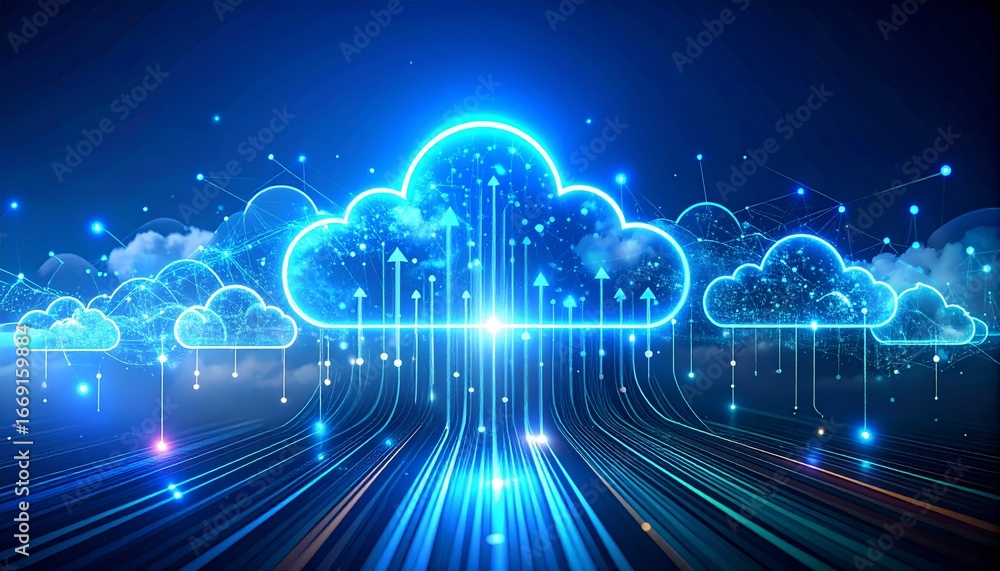 Aufkleber a digital illustration of interconnected cloud computing symbols with luminous pathways, showcasing 
