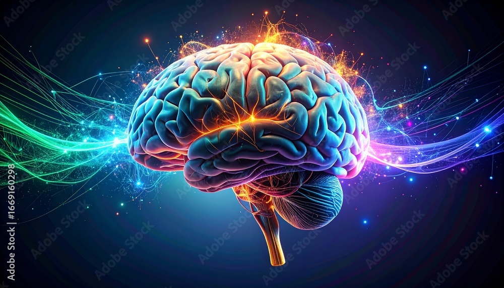 Poster a three-dimensional rendering of a human brain, highlighted by vibrant, glowing energy streams, radi