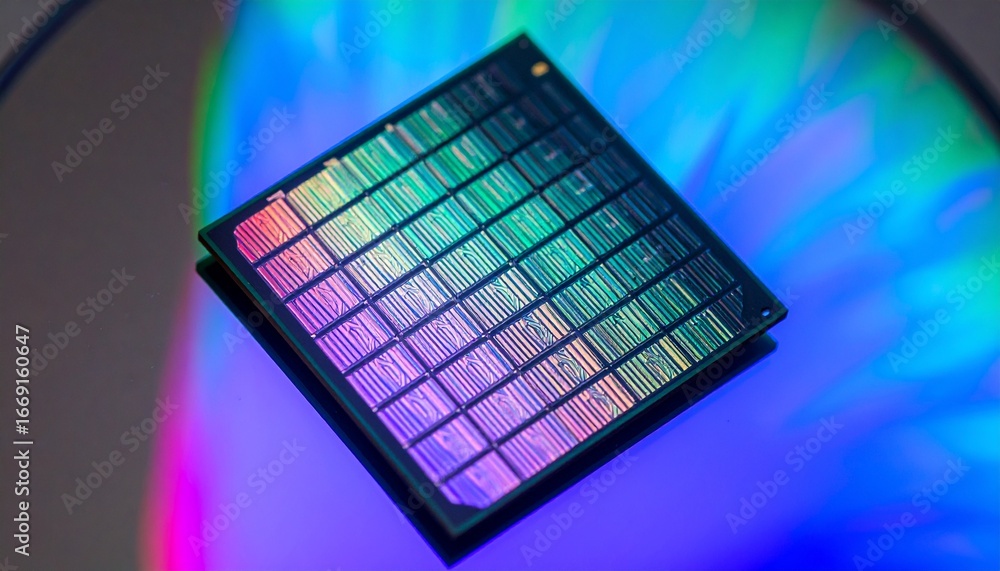 Poster close-up view of a complex computer chip, exhibiting vibrant iridescent colors and intricate pattern
