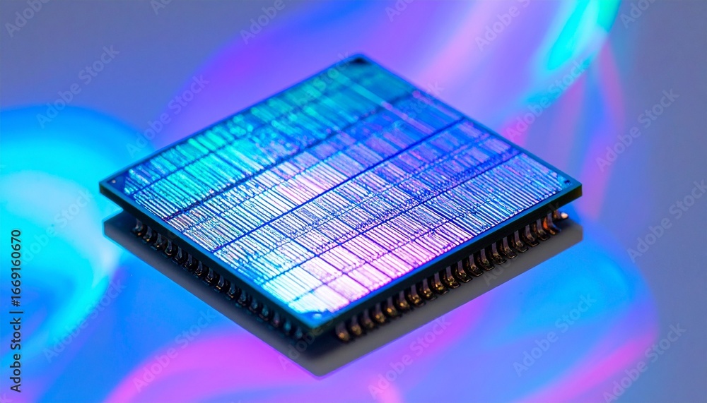 Aufkleber close-up view of a complex microchip, showcasing intricate patterns and vibrant lighting effects.