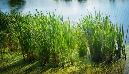 Obraz premium riverbank covered in fresh reeds and grass nature rebirth