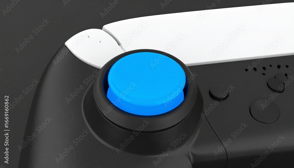 Poster close-up view of a modern controller button with vibrant blue color, highlighting its sleek design a