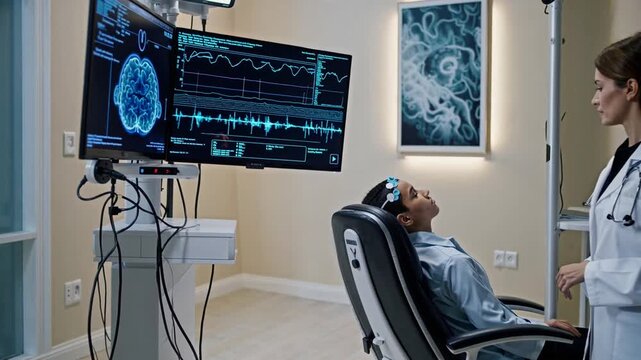 Medical Patient Undergoing Brain Wave Monitoring Procedure at Healthcare Facility