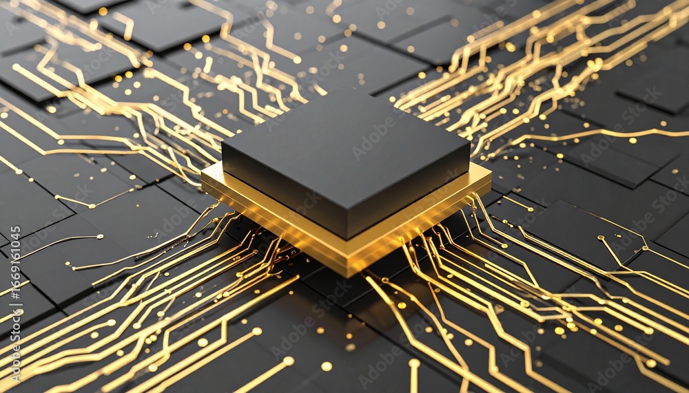 Poster a detailed close-up view of a modern circuit board with a prominent black processor chip, highlighte