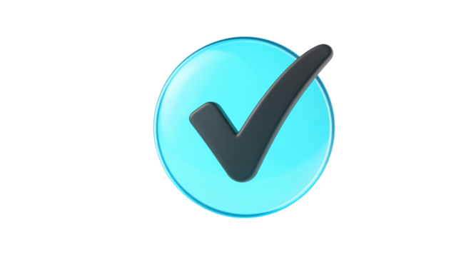 A 3D rendered teal checkmark icon against a white background.