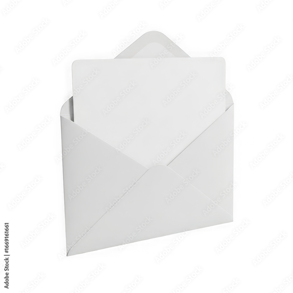 Poster 3d icon of an open white envelope with a blank white card inside, isolated on transparent background