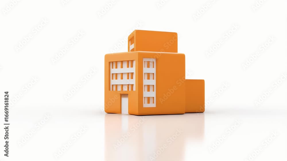 Poster animated orange building: simple 3d model rotating on white background