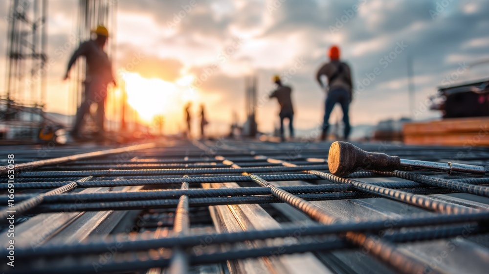 Poster Medium view of workers assembling recycled steel framework for an energyefficient building with softfocus construction tools enhancing the green construction theme.