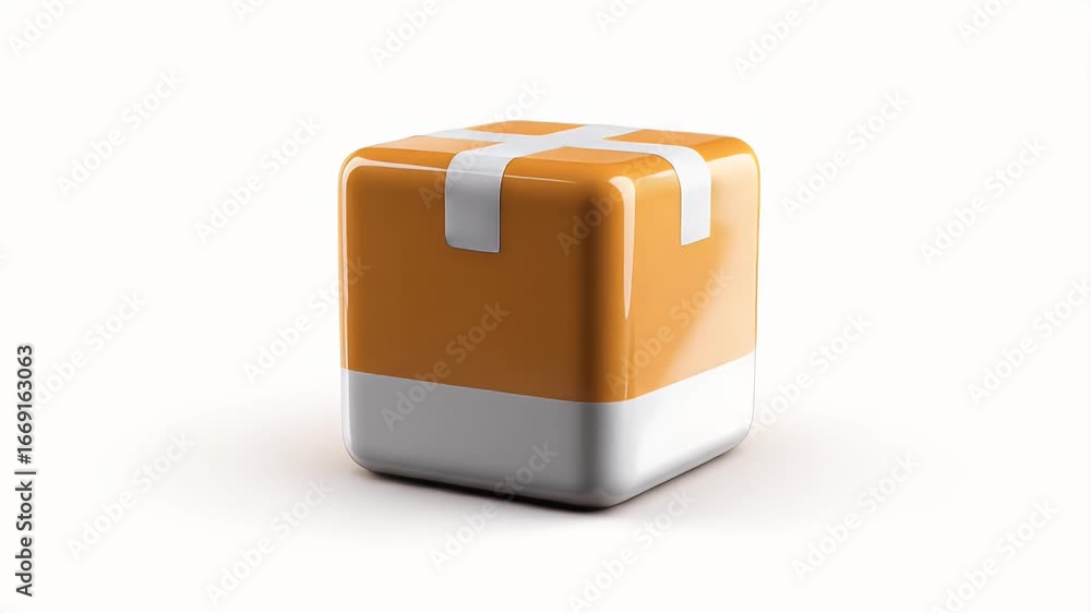 Poster animated orange cube: shipping package 3d model rotating on white background