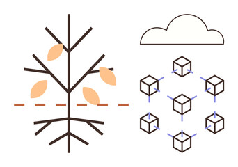 Stylized tree diagram split at roots, leaves above dashed line, next to cube blockchain system linked to cloud. Ideal for technology, data, connectivity, decentralization, nature-technology link