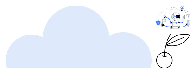 Large blue cloud, robotic AI arm interacting with digital interfaces, and a simple plant sprout symbolizing growth. Ideal for technology, AI, cloud computing, sustainability, innovation, digital