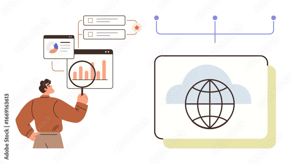 Poster person analyzing charts and data on screens with magnifying glass, global connectivity, cloud networ